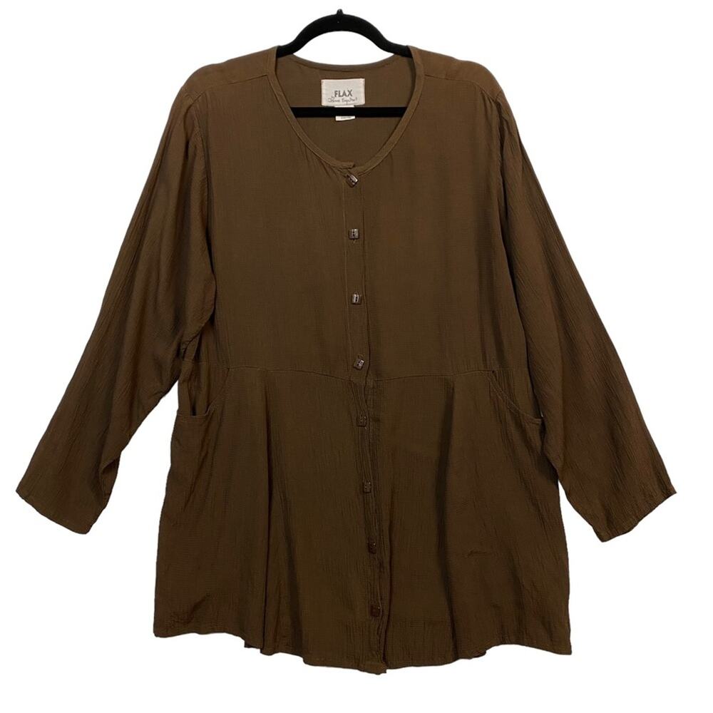 Flax Brown Button Up Long Sleeve Lagenlook Tunic Top Size Small